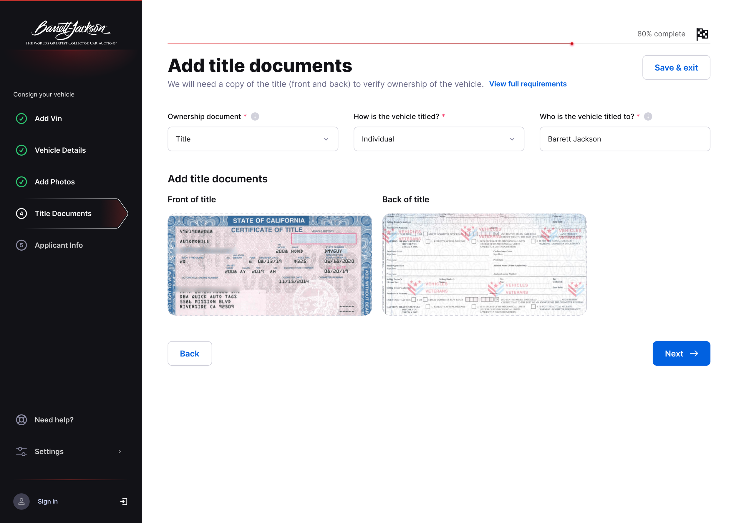 Consignor flow screen 6 - Title Documents